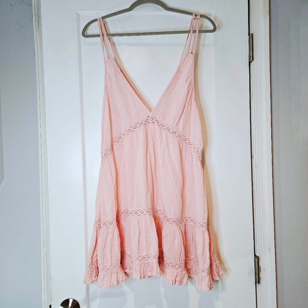 Honorine Pink Tiered Mini Dress Cotton Crochet Lace V Neck Strappy S - Picture 2 of 6
